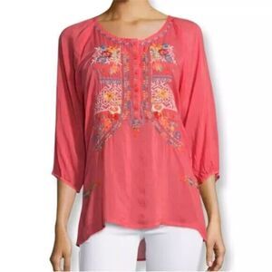 Johnny Was Embroidered Butterfly 3/4 Sleeve Button Up Peasant Top - Coral Pink